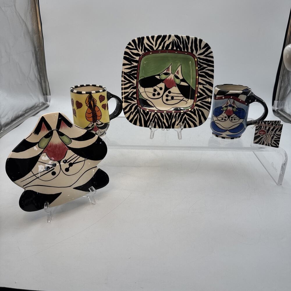4 Lynda Corneille Swak Clancy Cat Character Collectibles Mugs, Plate & Wall Dec.